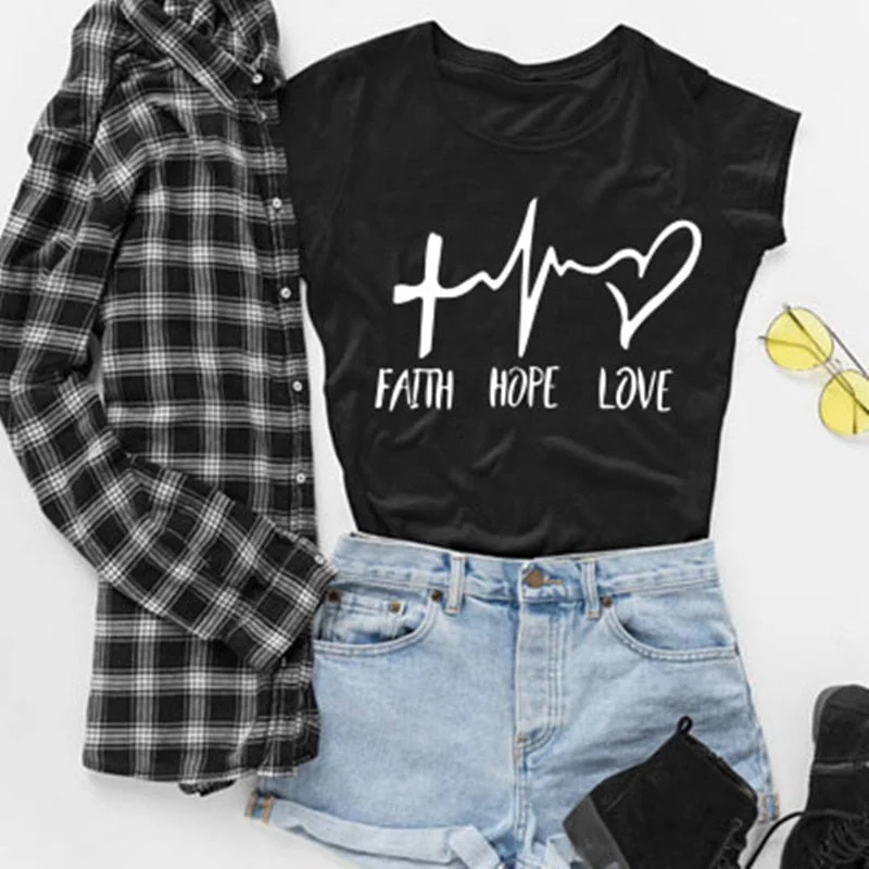 2019 New Fashion shirts Fashion Faith Hope Love Letters Print Tops Tshirt Funny Christianity God Tee Gift Casual Ruffle Short Shirt