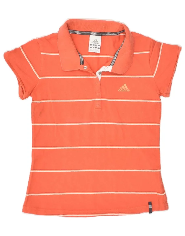 ADIDAS Womens Polo Shirt UK 10 Small Orange Striped Cotton Cozy Striped Short Sleeve