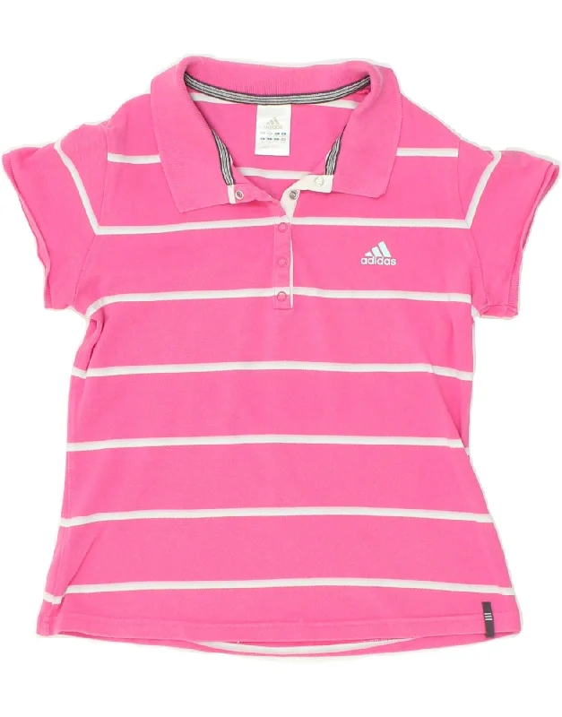 ADIDAS Womens Polo Shirt UK 14 Medium Pink Striped Cotton Classic Button-Up Short Tee