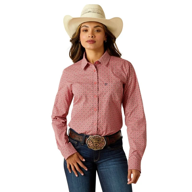 Ariat Women's Kirby Garnet Rose Geo Long Sleeve Stretch Shirt 10051332 Casual Ruffle Short Shirt