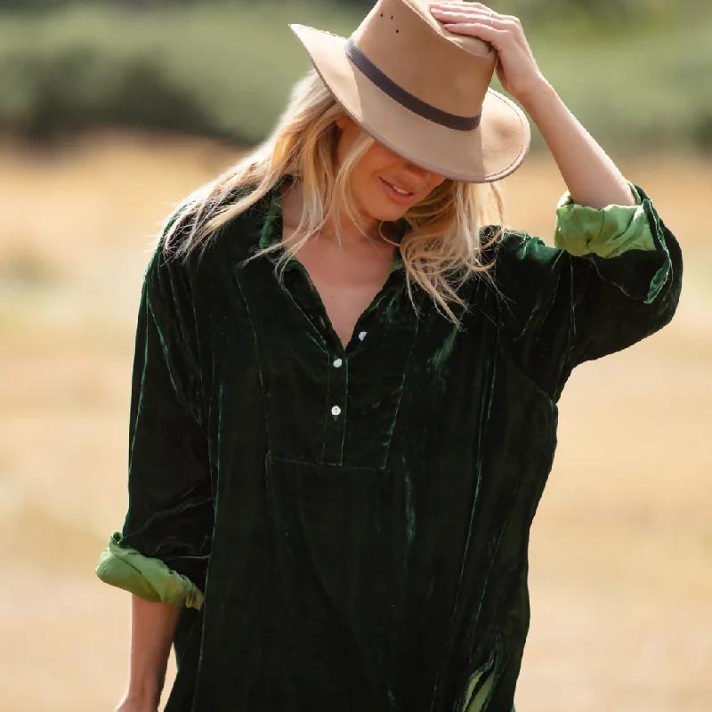 Ava Oversized Silk Velvet Shirt In Forest Green Fashionable Draped Short Sleeve