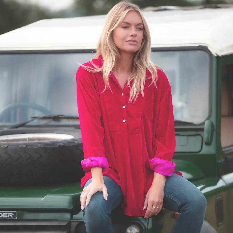 Ava Oversized Silk Velvet Shirt In Hot Pink Relaxed Fit Short Blouse