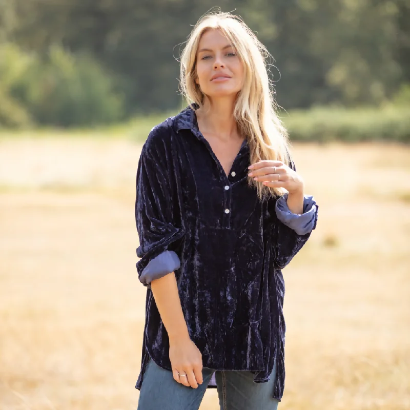 Ava Oversized Silk Velvet Shirt In Navy Fashionable Cuffed Short Sleeve