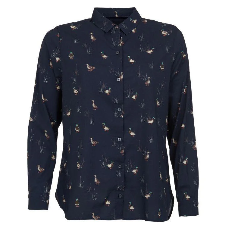 Barbour Brecon Duck Print Ladies Shirt - Navy Trendy Ruffled Short Sleeve