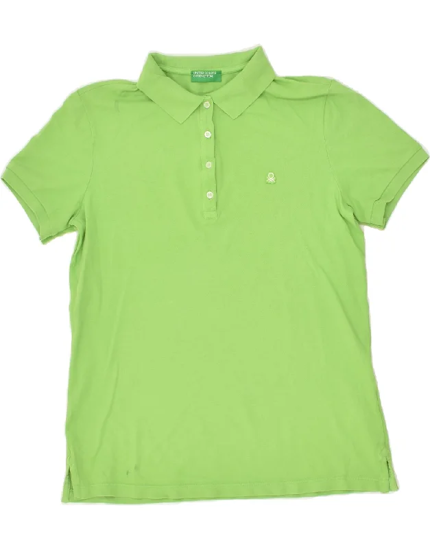 BENETTON Womens Polo Shirt UK 16 Large Green Cotton Elegant Off-Shoulder Short Shirt