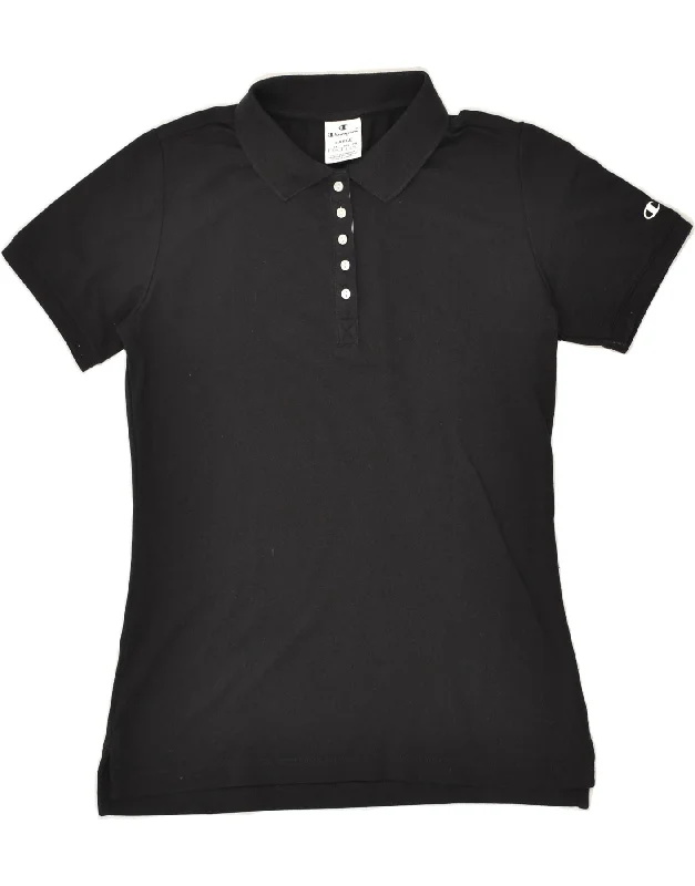 CHAMPION Womens Polo Shirt UK 14 Large Black Cotton Relaxed Short Sleeve Tee