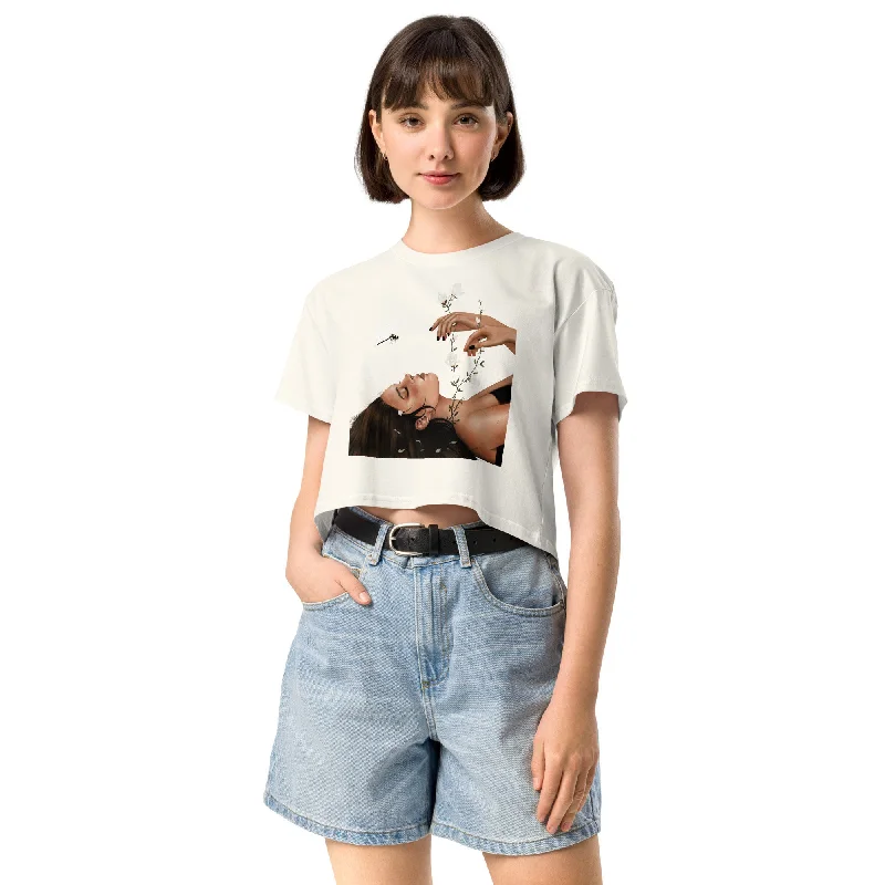 Crew Neck Cropped Tshirt Top NATURE'S LULLABY Stylish Pleated Short Sleeve