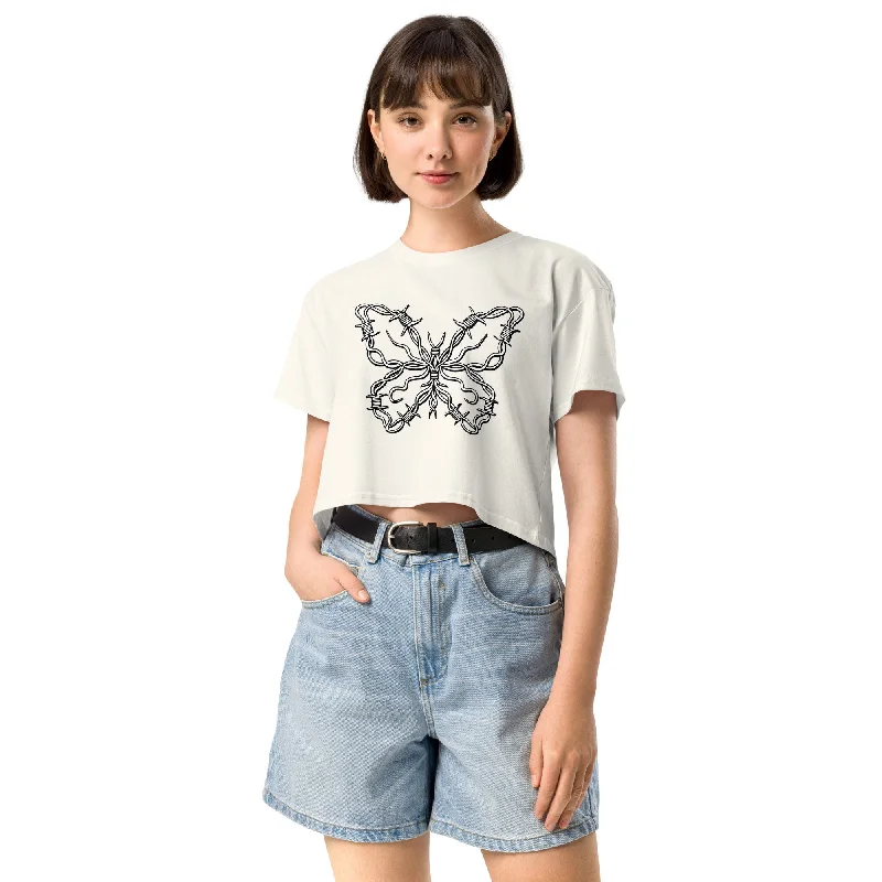 Cropped Tshirt Top Crew Neck BUTTERFLY Fashionable Plaid Short Sleeve