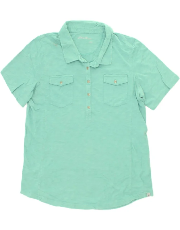 EDDIE BAUER Womens Polo Shirt UK 16 Large Turquoise Cotton Stylish Striped Short Sleeve