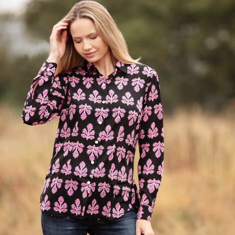 Ella Shirt In Black & Pink Thistle Cozy Plain Short Sleeve