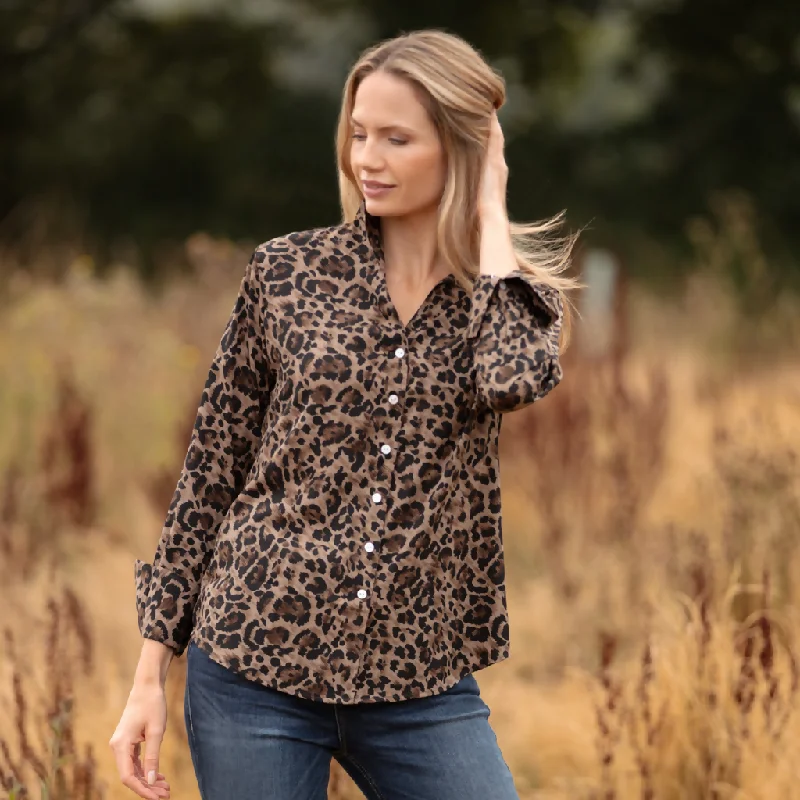 Ella Shirt In Brown & Black Leopard Cozy Striped Short Sleeve