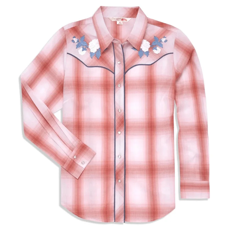 Ely Cattleman Women's Rose Embroidery Plaid Long Sleeve Western Snap Shirt 324981-RZ Elegant Button-Down Short Shirt