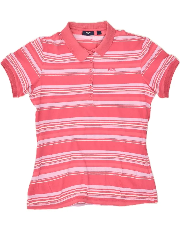 FILA Womens Polo Shirt UK 16 Large Pink Striped Cotton Stylish Pleated Short Sleeve