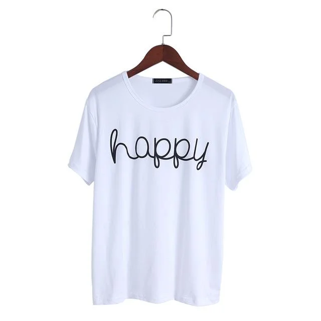 Happy Print T Shirt Cozy Linen Short Shirt