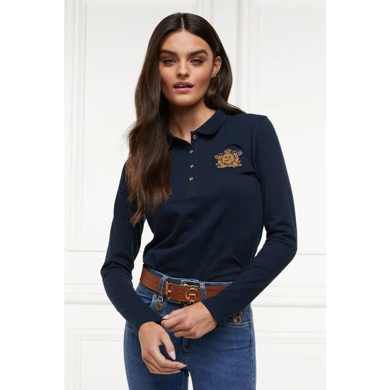 Holland Cooper Long Sleeve Crest Ladies Polo Shirt - Ink Navy Comfortable Summer Short Shirt