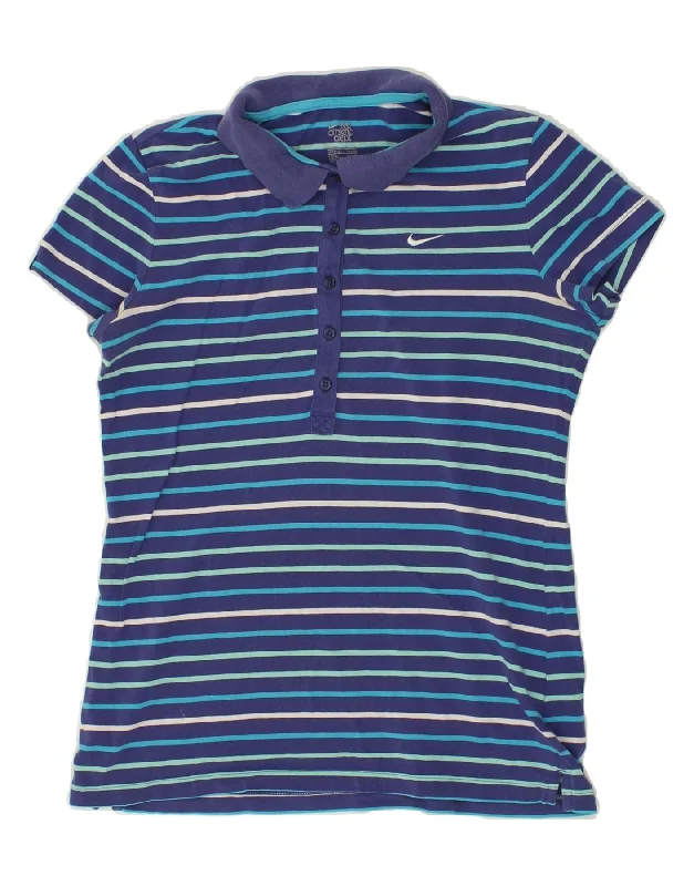 NIKE Womens Polo Shirt UK 14 Medium Navy Blue Striped Cotton Casual Slouchy Short Sleeve