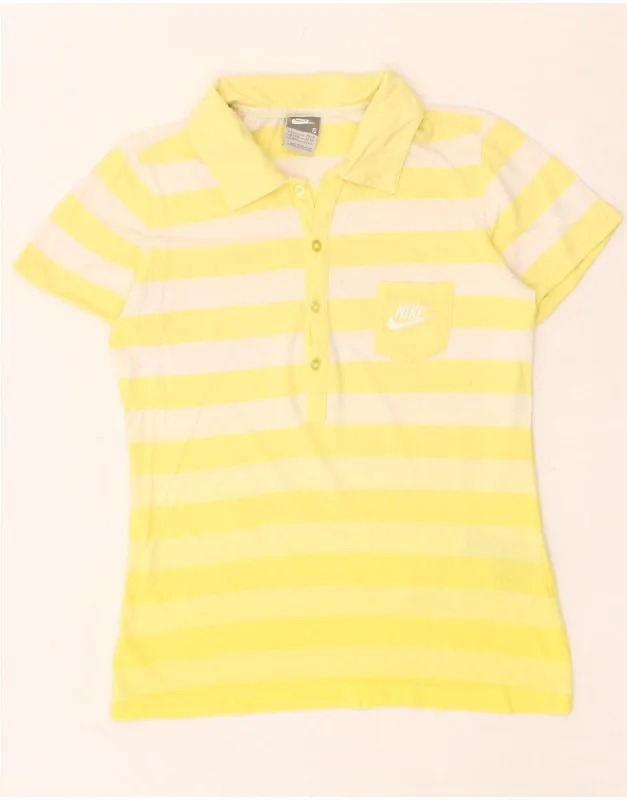 NIKE Womens Polo Shirt UK 8/10 Small Yellow Striped Cotton Trendy Print Short Sleeve