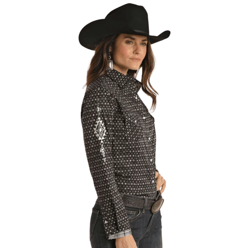 Panhandle Women's Rough Stock Geo Print Long Sleeve Western Snap Shirt RWN2S02220 Stylish Short Sleeve Top