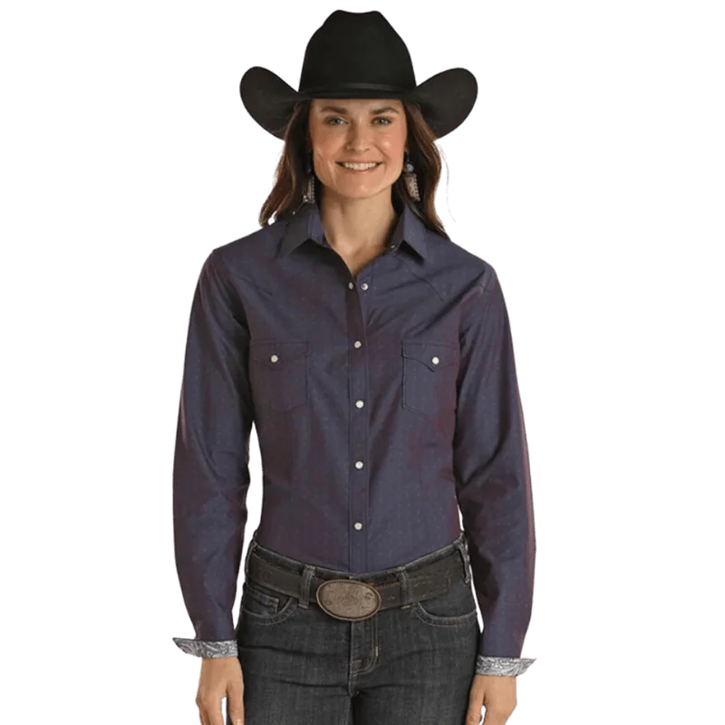 Panhandle Women's Rough Stock Royal Blue Long Sleeve Western Snap Shirt RWN2S02195 Elegant Button-Down Short Shirt