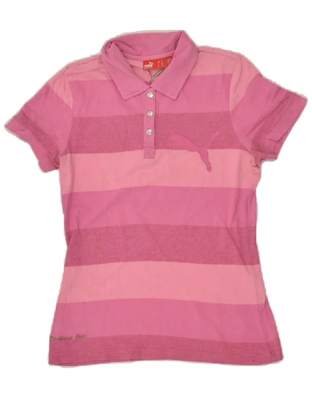 PUMA Womens Polo Shirt UK 10 Small Pink Striped Cotton Stylish Crew Neck Shirt