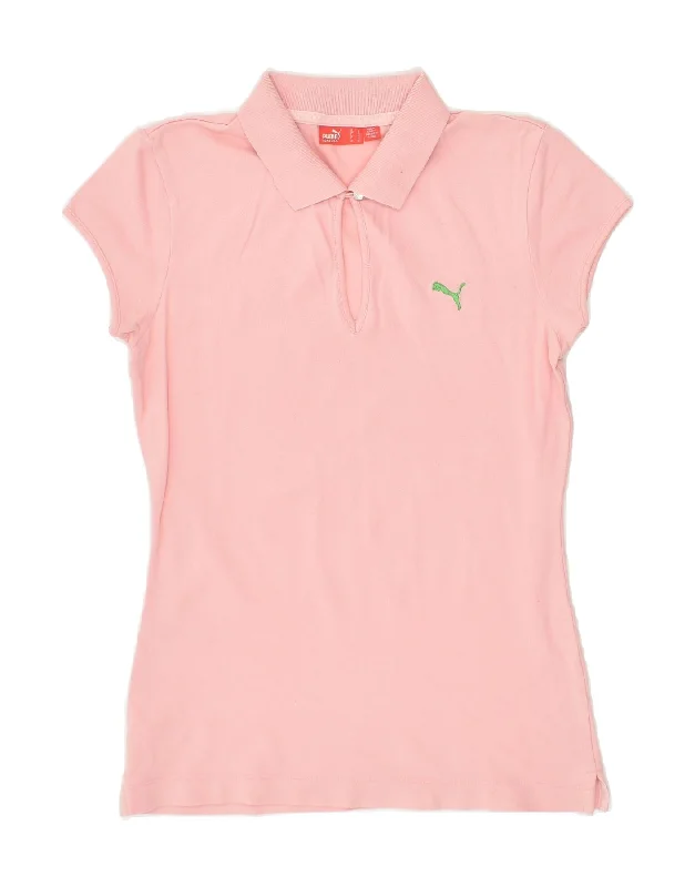 PUMA Womens Polo Shirt UK 14 Medium Pink Cotton Stylish Split-Hem Short Shirt