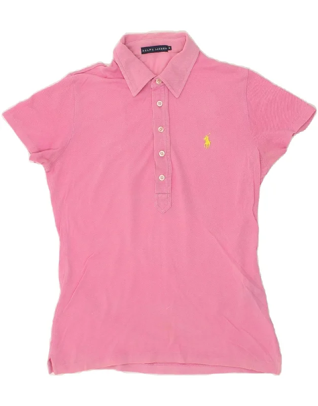 RALPH LAUREN Womens Polo Shirt UK 12 Medium Pink Cotton Comfortable Peplum Short Shirt