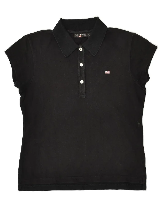 RALPH LAUREN Womens Polo Shirt UK 14 Large Black Cotton Stylish Printed Short Shirt