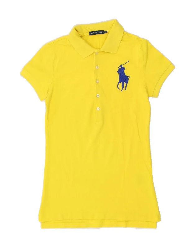 RALPH LAUREN Womens Polo Shirt UK 4 XS Yellow Cotton Elegant High-Low Short Shirt