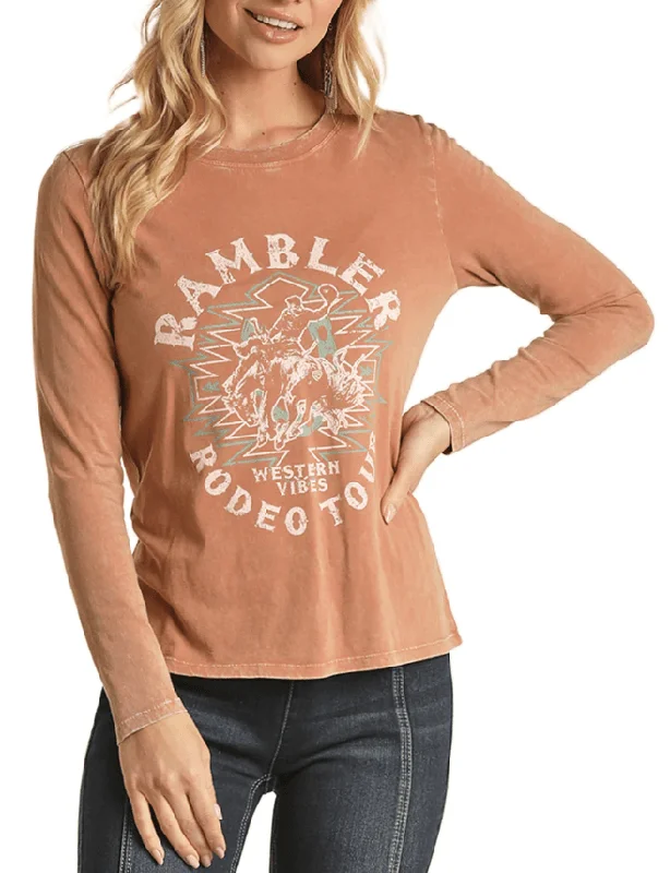 Rock & Roll Cowgirl Women's Rambler Graphic Long Sleeve Shirt RRWT22R0BN Trendy Tie-Front Short Shirt