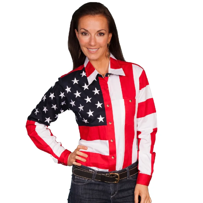 Scully Womens Long Sleeve Patriot Western Shirt Bold Stars And Stripes Stylish Casual Short Tee