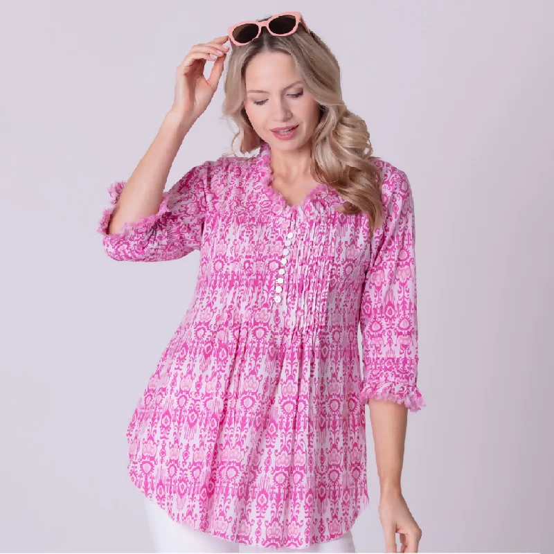 Sophie Cotton Shirt in Hot Pink Fountain Stylish Split-Hem Short Shirt