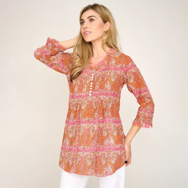 Sophie Cotton Shirt in Pink & Ochre Paisley Fashionable Tied Short Sleeve