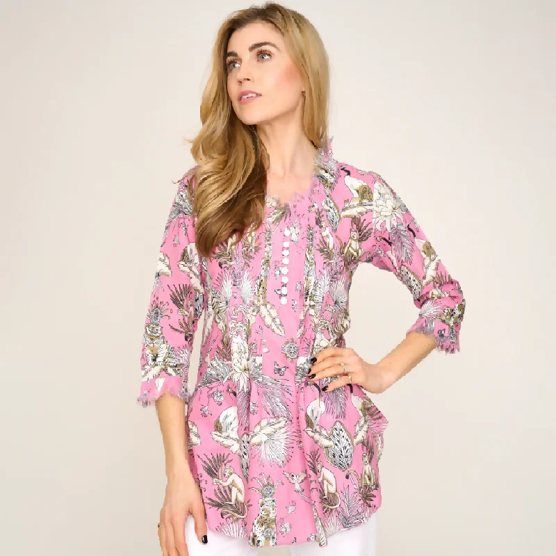 Sophie Cotton Shirt in Pink Tropical Cozy Summer Short Shirt