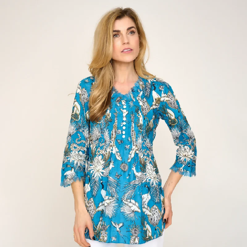 Sophie Cotton Shirt in Sky Blue Tropical Comfortable Ribbed Short Sleeve