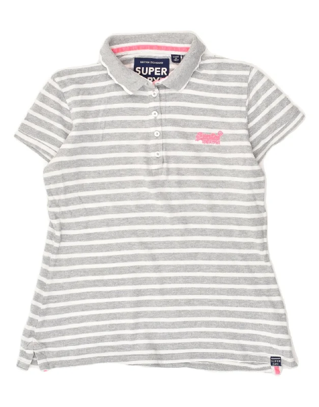 SUPERDRY Womens Polo Shirt UK 10 Small Grey Striped Cotton Cozy Linen Short Shirt