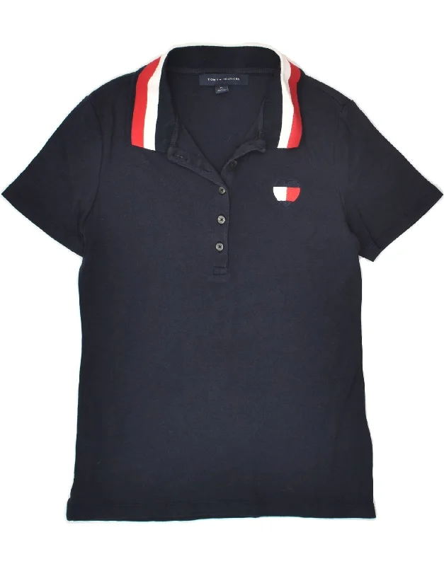 TOMMY HILFIGER Womens Polo Shirt UK 10 Small Navy Blue Cotton Cozy Loose Fit Short Sleeve