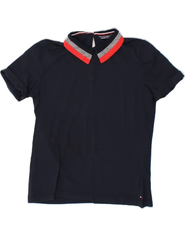 TOMMY HILFIGER Womens Polo Shirt UK 10 Small Navy Blue Cotton Relaxed Button-Down Short Shirt