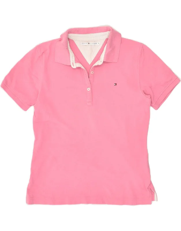 TOMMY HILFIGER Womens Polo Shirt UK 10 Small Pink Cotton Trendy Floral Print Tee