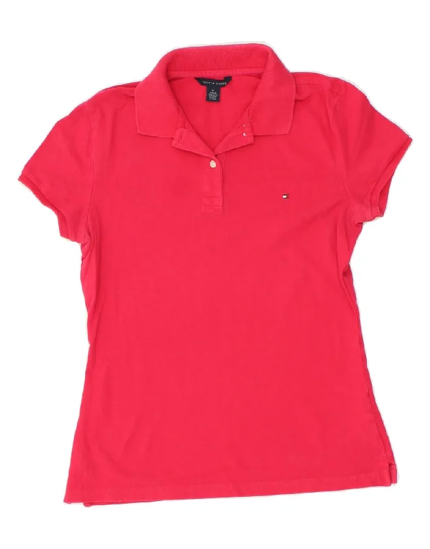 TOMMY HILFIGER Womens Polo Shirt UK 12 Medium Pink Cotton Classic Cropped Short Sleeve