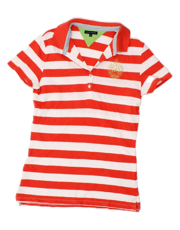 TOMMY HILFIGER Womens Polo Shirt UK 12 Medium Red Striped Cotton Classic Basic Short Shirt