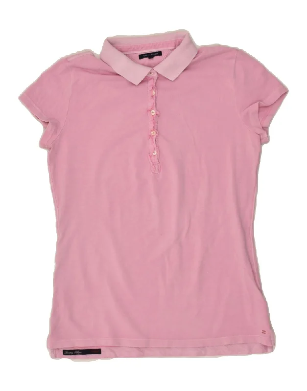 TOMMY HILFIGER Womens Polo Shirt UK 14 Large Pink Cotton Fashionable Pleated Short Shirt