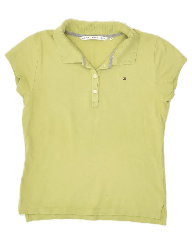 TOMMY HILFIGER Womens Polo Shirt UK 14 Medium Green Cotton Fashionable Cuffed Short Sleeve