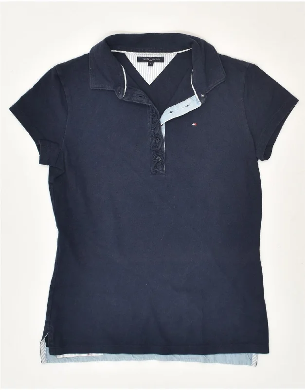 TOMMY HILFIGER Womens Polo Shirt UK 14 Medium Navy Blue Cotton Elegant Draped Short Shirt