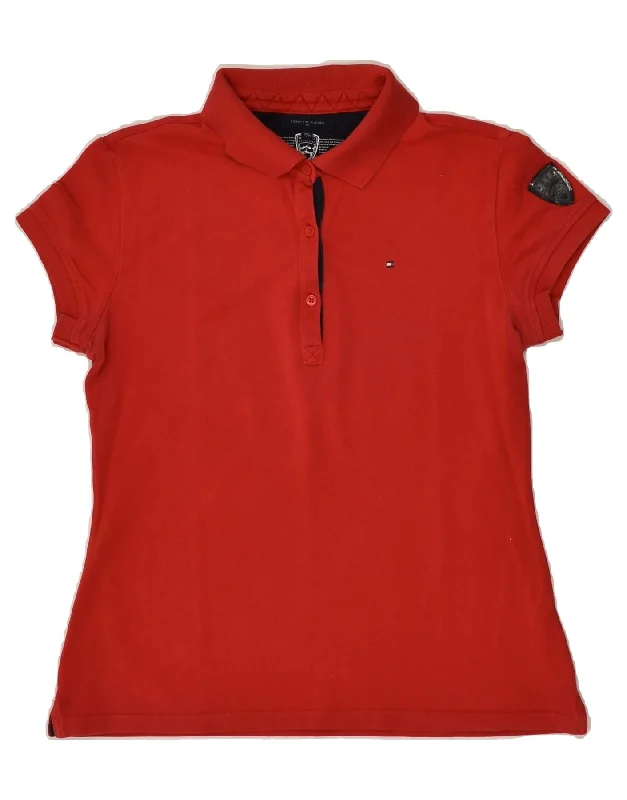 TOMMY HILFIGER Womens Polo Shirt UK 14 Medium Red Cotton Elegant Silk Short Shirt