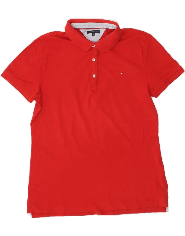 TOMMY HILFIGER Womens Polo Shirt UK 18 XL Red Cotton Cozy Printed Short Shirt