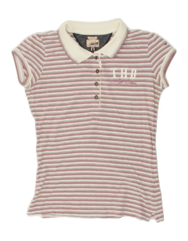 TOMMY HILFIGER Womens Polo Shirt UK 6 XS Pink Striped Cotton Classic Denim Short Sleeve