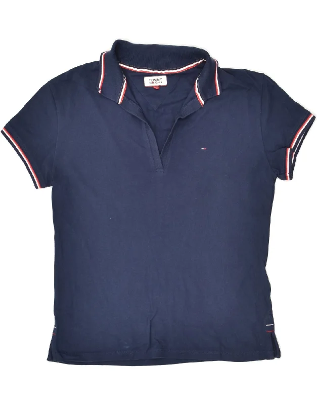 TOMMY JEANS Womens Polo Shirt UK 10 Small Navy Blue Cotton Fashionable Rounded Short Shirt