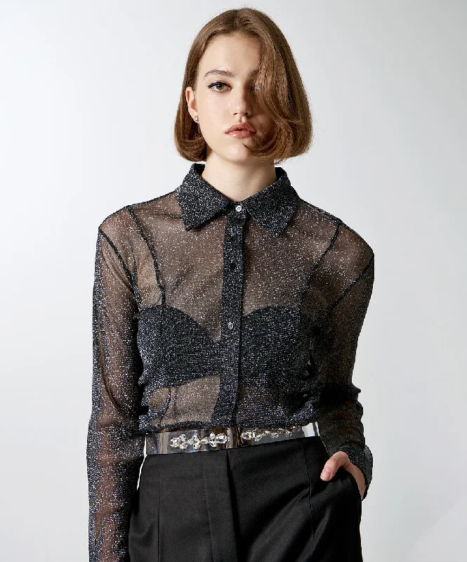 Women's Access Black Lurex Shirt with Gathered Details Elegant Button-Down Short Shirt