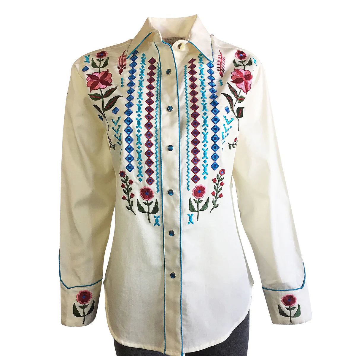 Women's Rockmount Boho Serape Western Shirt with Cascading Embroidery in Ivory Modern Fit Short Sleeve