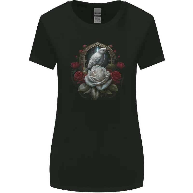 A Bird and Rose in Front of a Gothic Mirror Womens Wider Cut T-Shirt Striped Floral Plaid